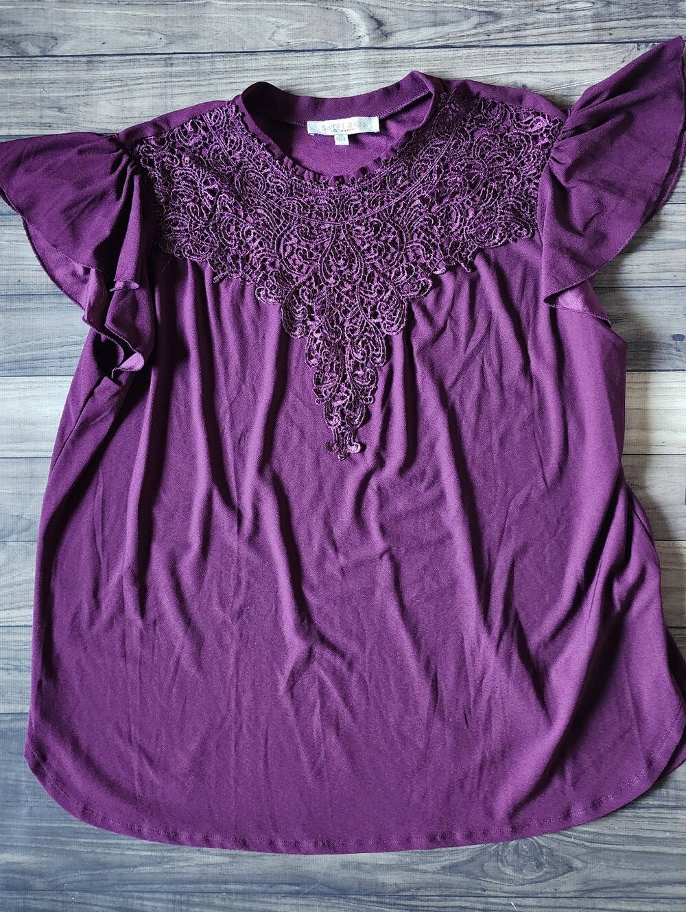 Sweet Rain Purple Lace Chest Flutter Sleeve Top